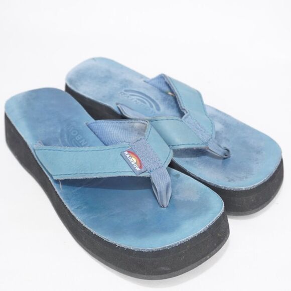 Rainbow Thick Strap Blue Platform Sandals, Size 9 - Picture 4 of 7